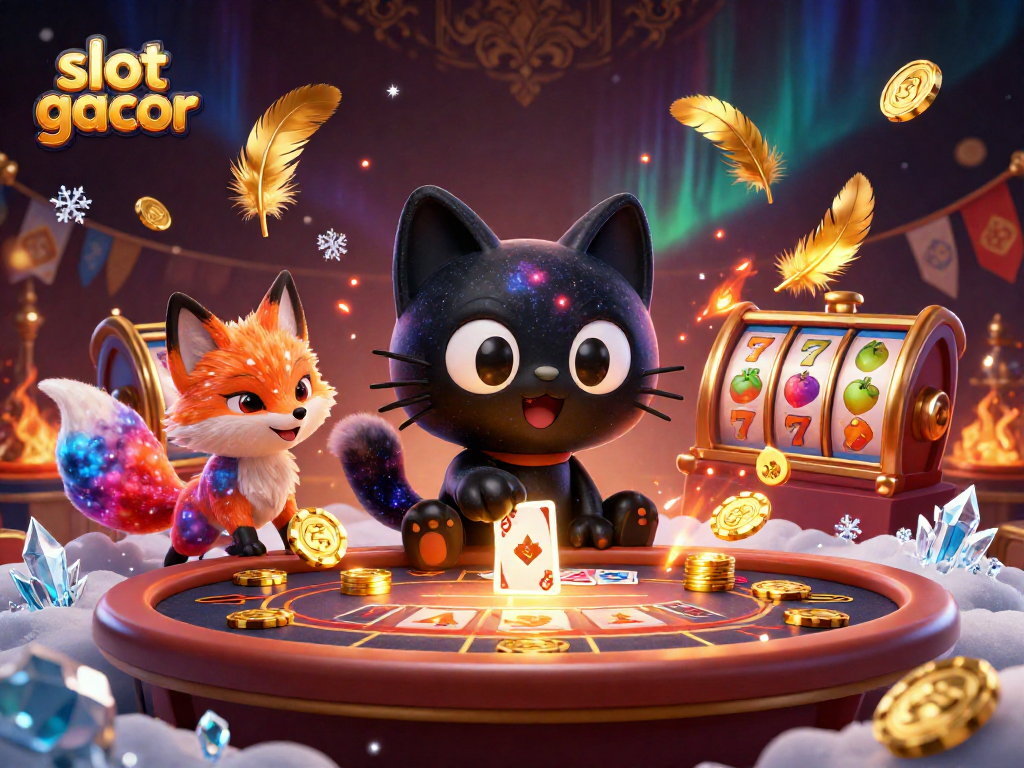 Permainan slot gacor yang menampilkan kucing hitam 3D dan rubah nebula di kasino kosmik.