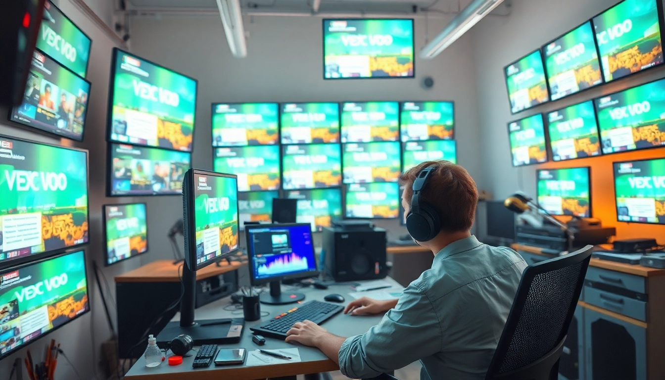 Creating a video with Veo in a vibrant digital studio environment.
