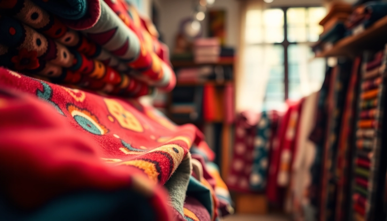 Bekijk unieke fleece stof prints in een gezellige winkelsetting met kleurrijke ontwerpen.