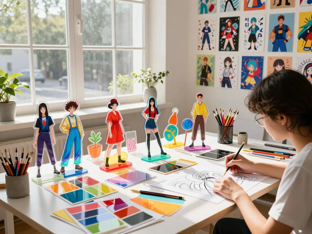 Custom acrylic standee designs displayed in a creative workspace with natural light.