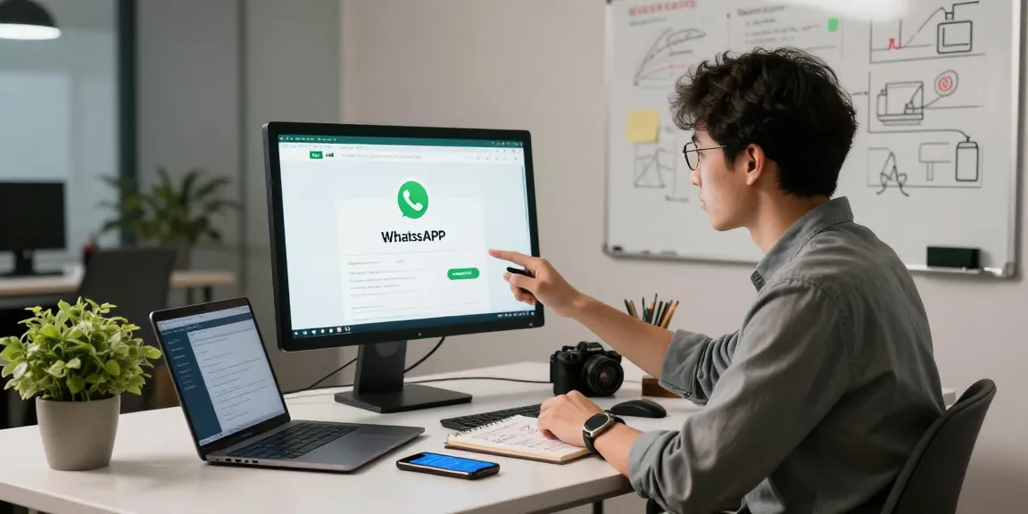 Digital marketing strategist analyzing WhatsApp網頁版 in a modern office space with creative elements.