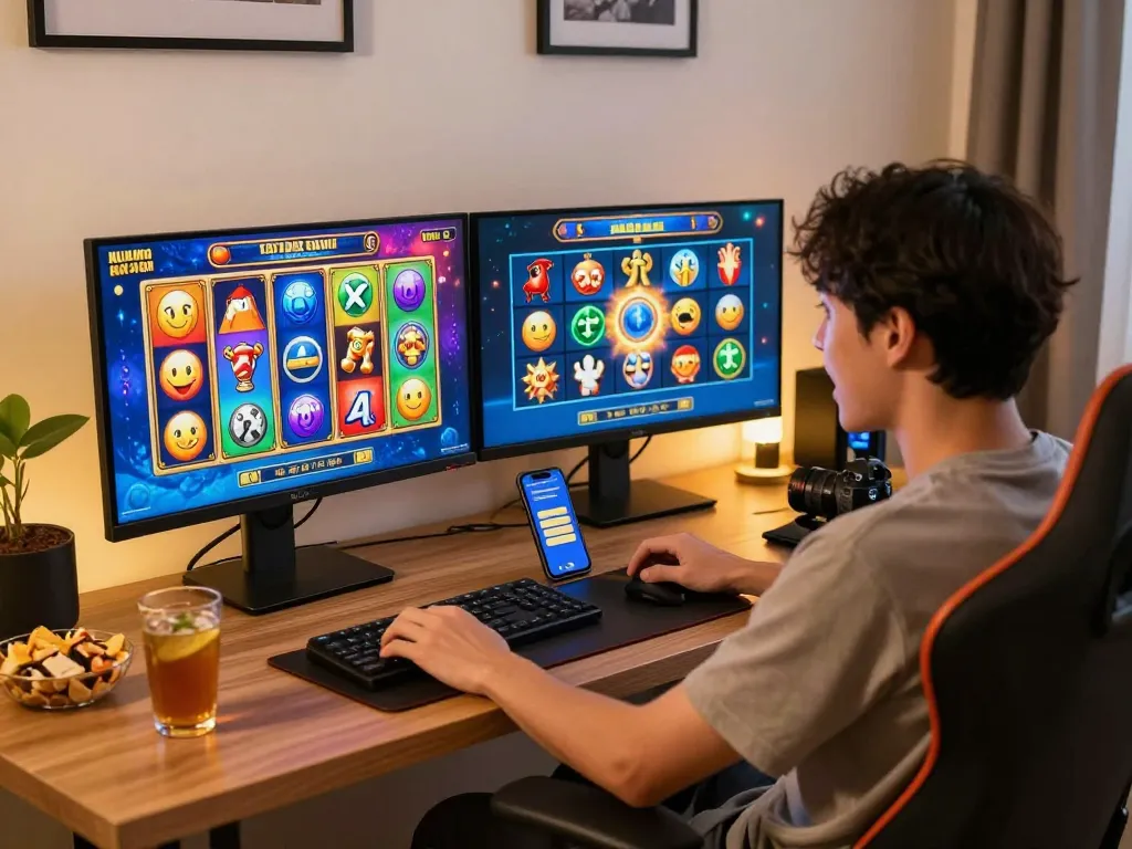 Pemain yang bersemangat terlibat dengan permainan situs slot dalam pengaturan permainan rumah modern.