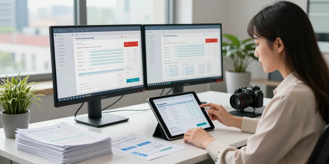 Business analyst detecting fake invoices in modern office, reviewing digital invoice on tablet with analytical dashboards.