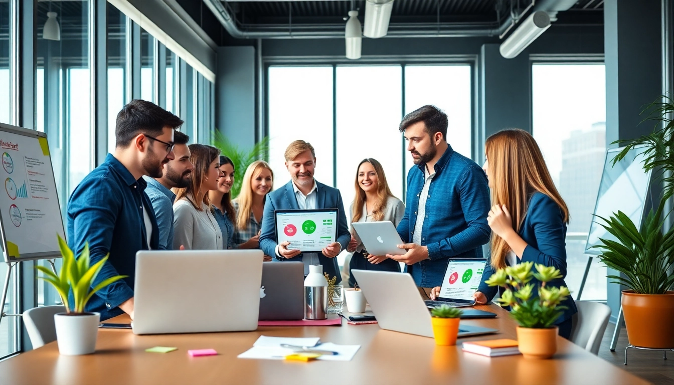 Showcasing a team strategizing the WhatsApp Smart CRM in a bright modern office setting.
