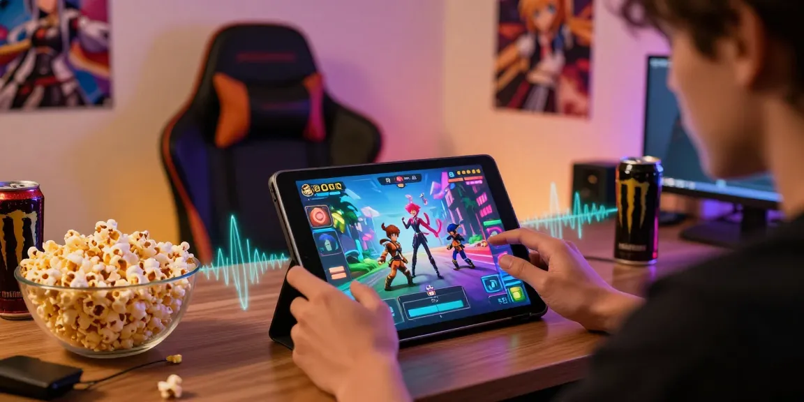 Exciting moment of a player engaging in an HTML hentai game on a tablet with ambient lighting and gaming setup.