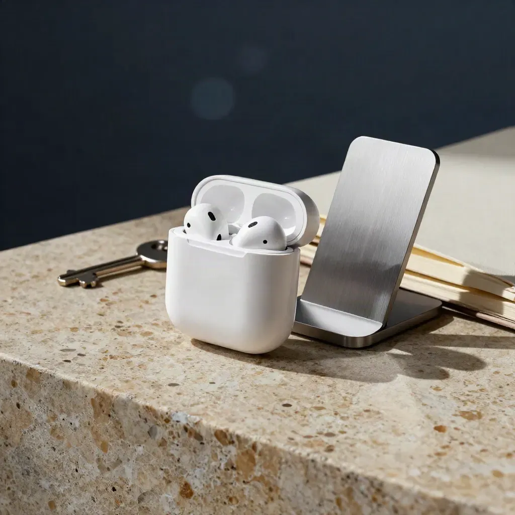 Half-open earbuds case beside a closed notebook and aluminum dock on stone.