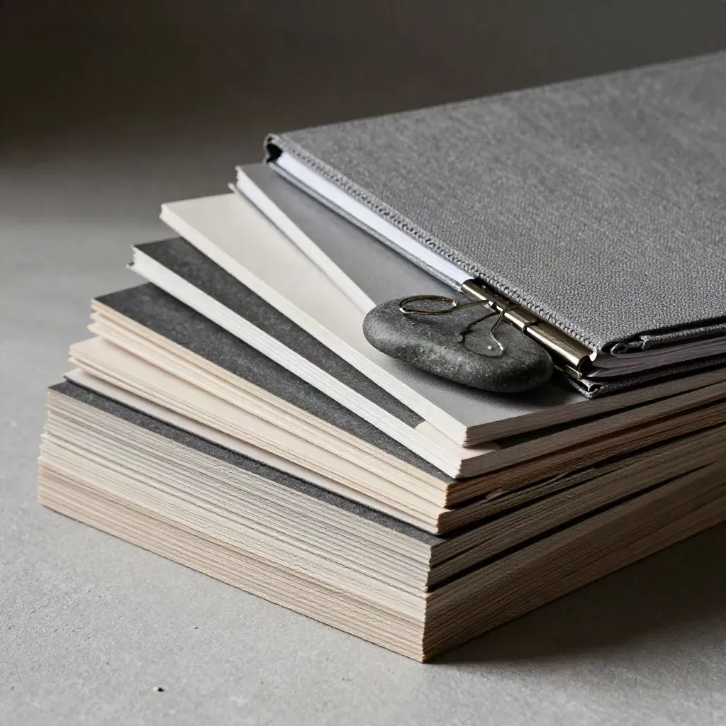 Stacked presentation boards with binder clips, stone paperweight and portfolio sleeve in soft light.