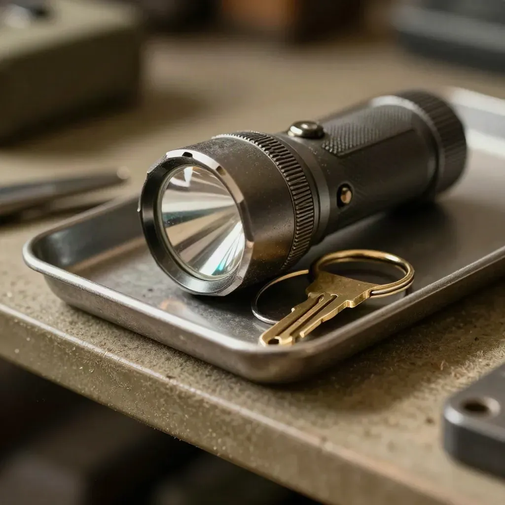Macro still life of a rugged flashlight, brass key ring and matte metal tray on a dark utility shelf.