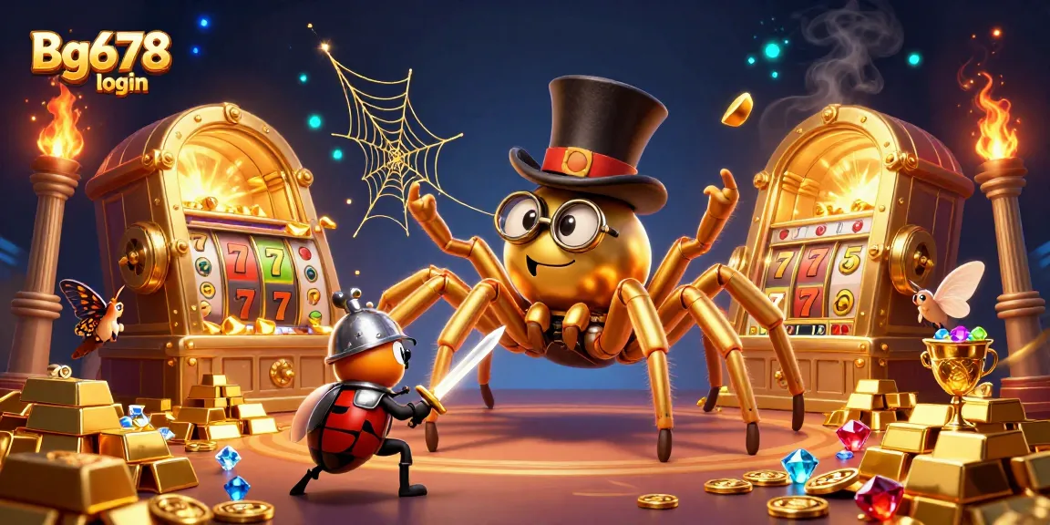 Experience Bg678 login with a vibrant 3D scene showcasing exciting slot games, characters, and treasures.