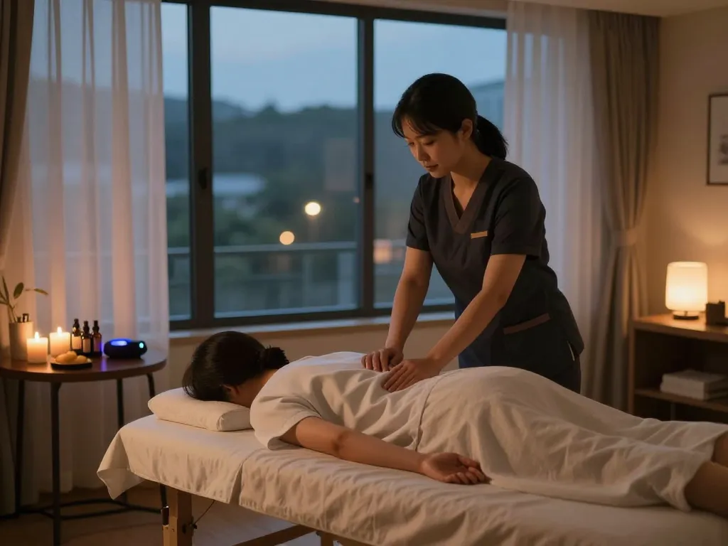 Relaxing 인천 출장마사지 session in a serene hotel room atmosphere.