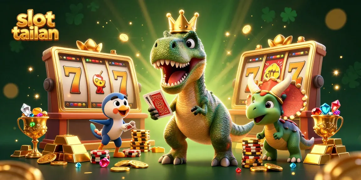 Exciting scene illustrating slot tailan gameplay with a T-Rex shuffling cards and a pterodactyl assisting.