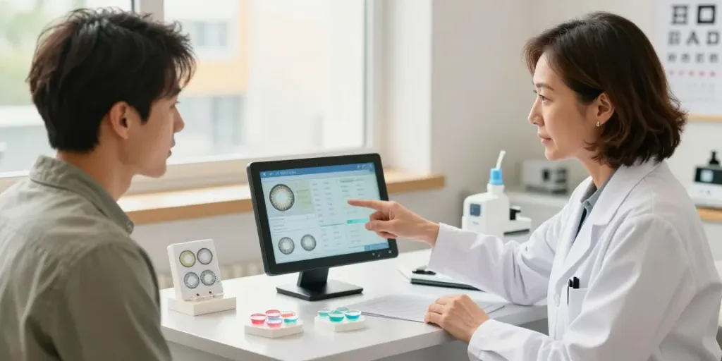 Consulta sobre lentes de contato em consultório com luz suave e detalhes médicos.
