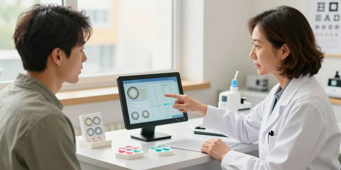 Consulta sobre lentes de contato em consultório com luz suave e detalhes médicos.