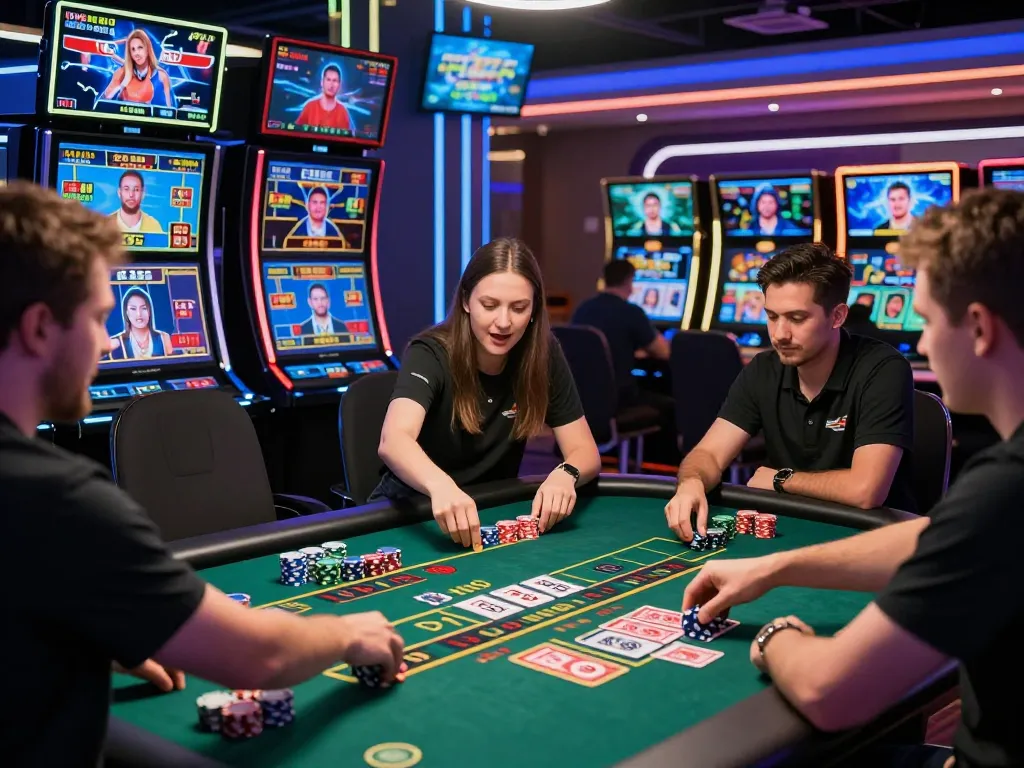 Engaged players at a baccarat table in an online casino showcasing the excitement of 바카라사이트.