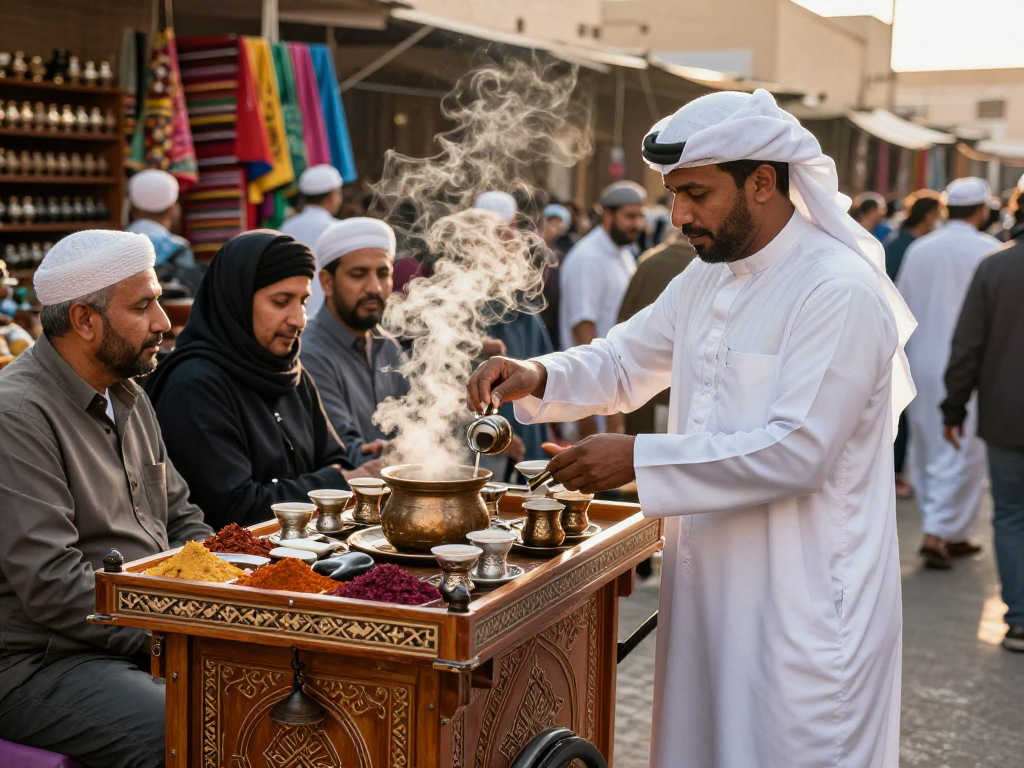قهوجي الرياض يقدم القهوة العربية في سوق تقليدي مزدحم.