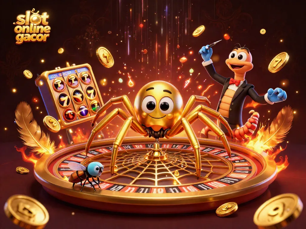 Experience the thrill of slot online gacor with a golden spider spinning a roulette web in a vibrant casino.