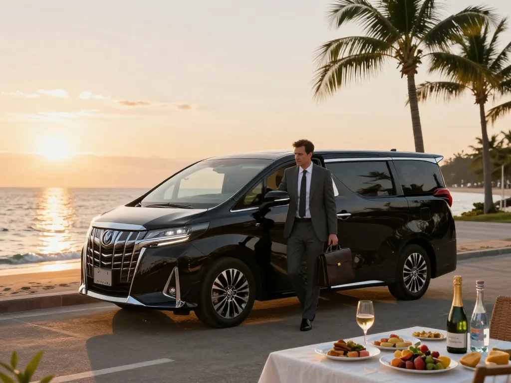 Trải nghiệm cho thuê xe sang trọng với cho thuê xe Toyota Alphard vào lúc hoàng hôn, một chuyên gia bước ra và phong cảnh bên bờ nước.