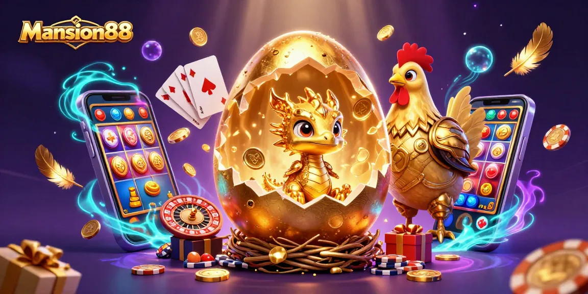 Mansion88 features a colossal golden egg cracking open with a baby dragon amidst dazzling gaming elements.