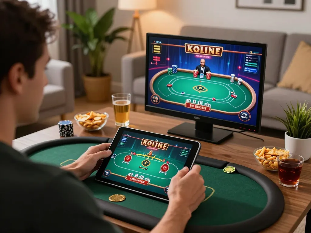Play poker online with lc88 on tablet in a cozy living room