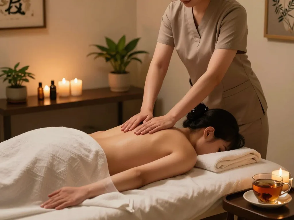 Calming 논현동마사지 therapy session in a tranquil spa with aromatic candles, plants, and serene lighting.