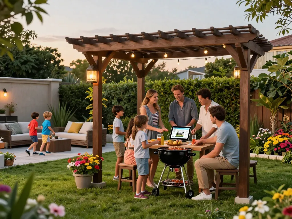 Family enjoying a barbecue under a beautifully designed 3D pergola configurator in a vibrant garden setting.