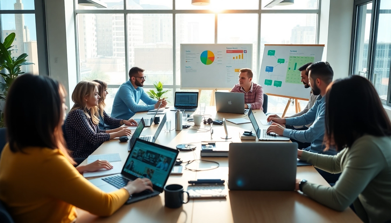 Engaging team working on edmonton social media marketing strategies in a bright office.