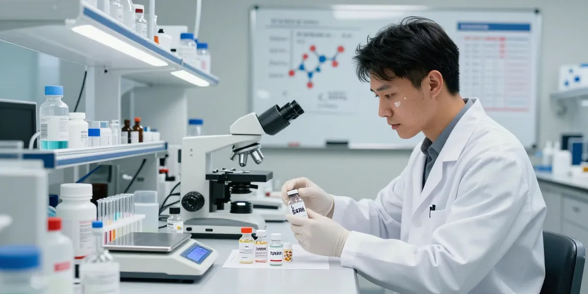 Scientist examining SwissChems research compounds in a bright lab, showcasing innovation and quality.