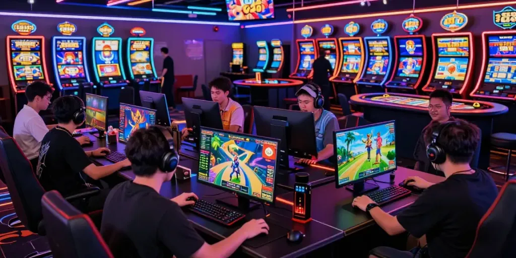 Exciting luxury333 gaming session with vibrant avatars and real-time stats in a colorful esports venue.
