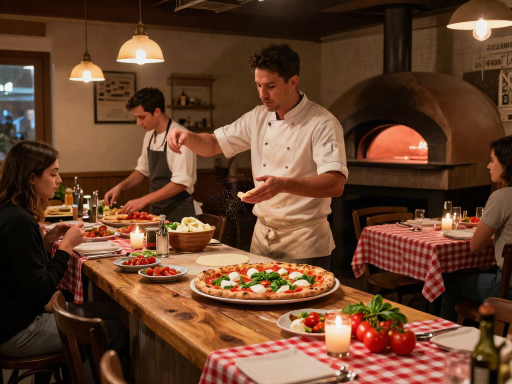 Delicious pizza chef tossing dough, showcasing bonus new member offers in a cozy pizzeria atmosphere.