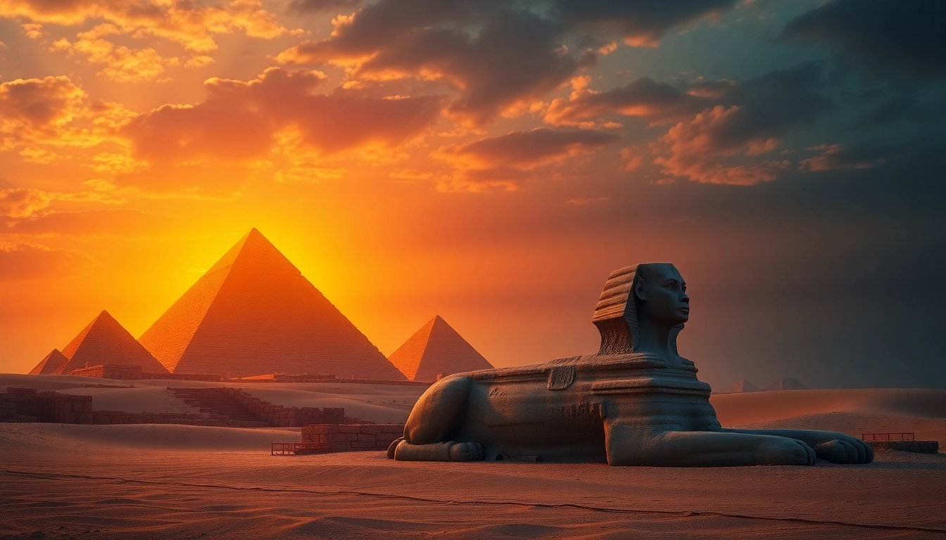 Piraminds majestic landscape with the Great Pyramid amid a stunning sunset.