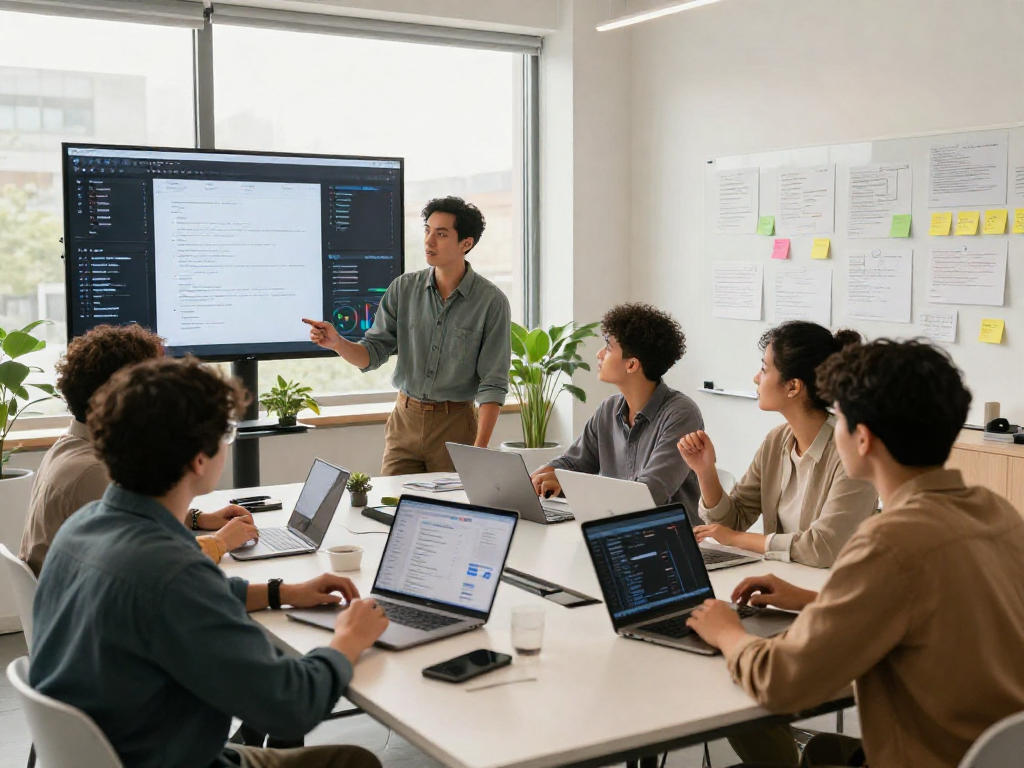 Team collaboration on software projects showcasing crushon technology in a bright modern workspace.