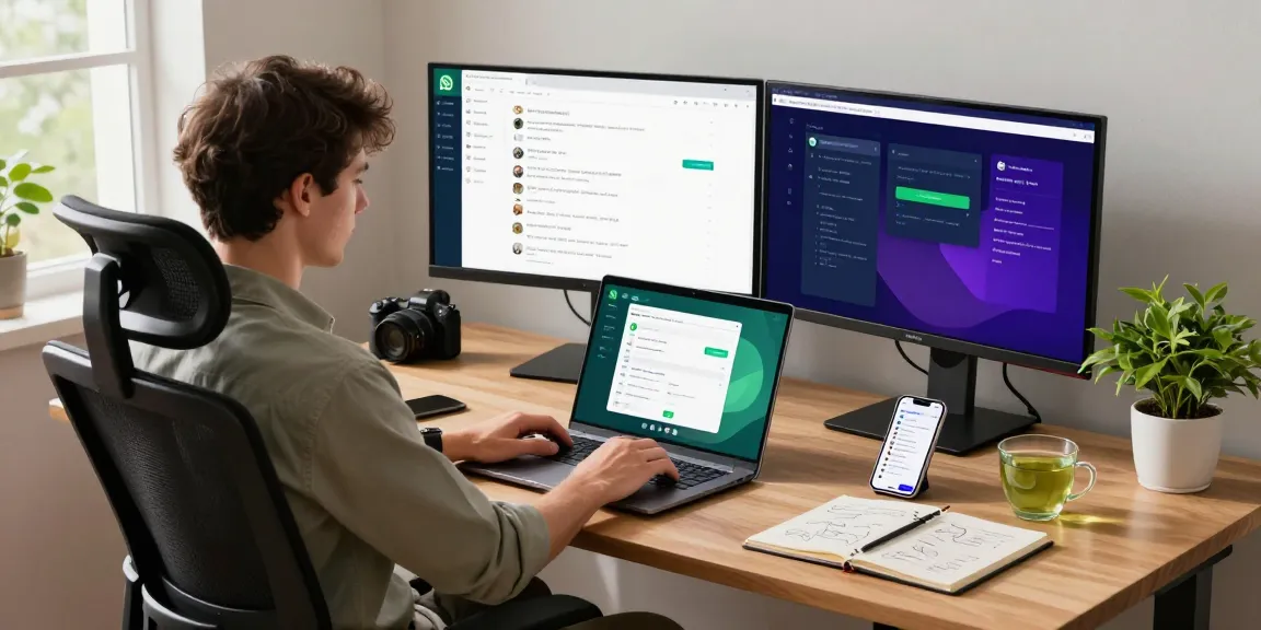 Professional using WhatsApp網頁版 in a modern home office setup with dual monitors and laptop.