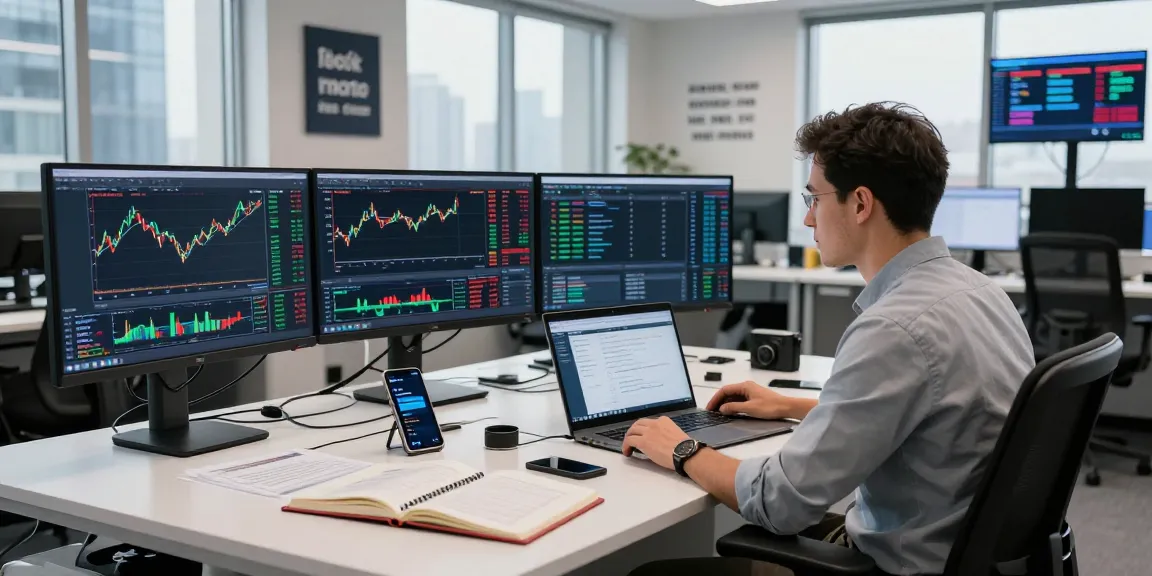MetaTrader 4 interface displayed on multiple monitors in a modern trading office, highlighting live forex charts and trading dynamics.