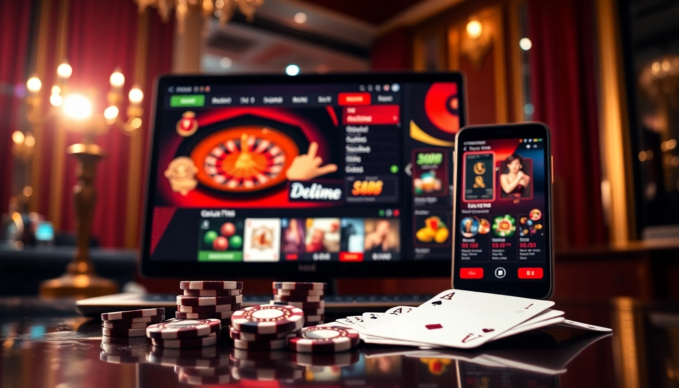 Vivez le frisson du casino en ligne en France avec une interface de jeu virtuelle luxueuse mettant en avant des cartes et des jetons.