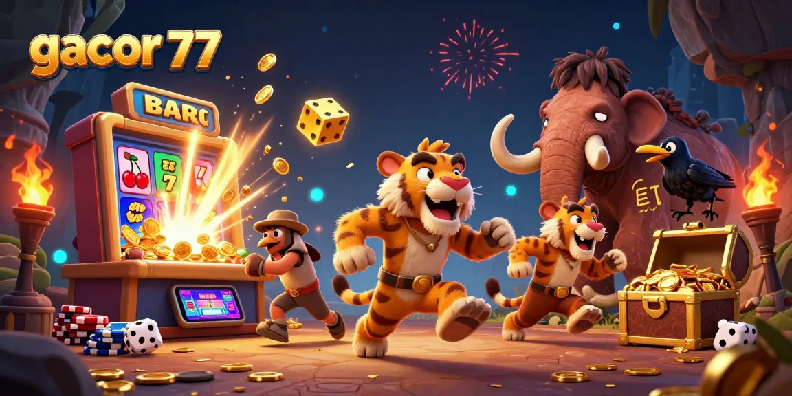 Gacor 77 menampilkan karakter kartun 3D di kasino prasejarah yang meriah dengan mesin slot dan simbol keberuntungan.