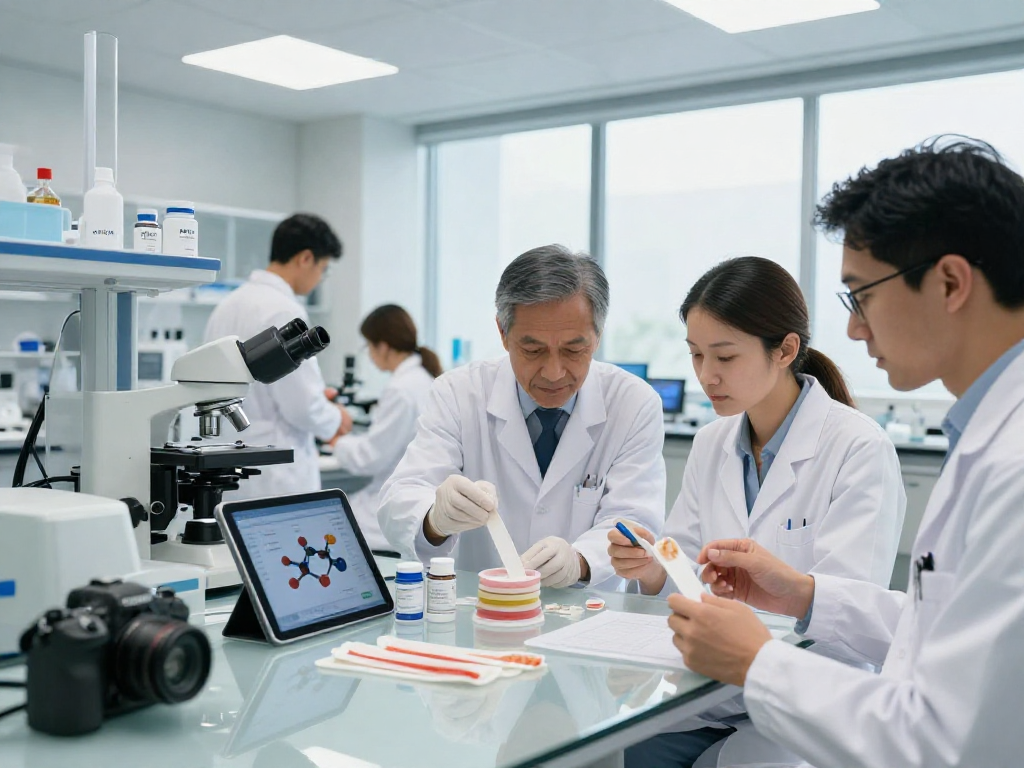BPC 157 TB 500 Blend research in an innovative lab with scientists analyzing buccal strip technology.