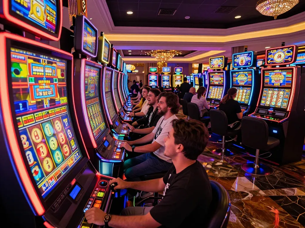 Engaging players at vibrant slot machines, showcasing excitement of winning on link slots