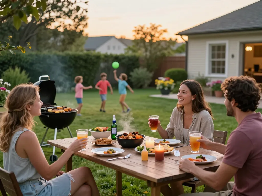 Family enjoying backyard gathering while using mosquito repellent to stay bite-free