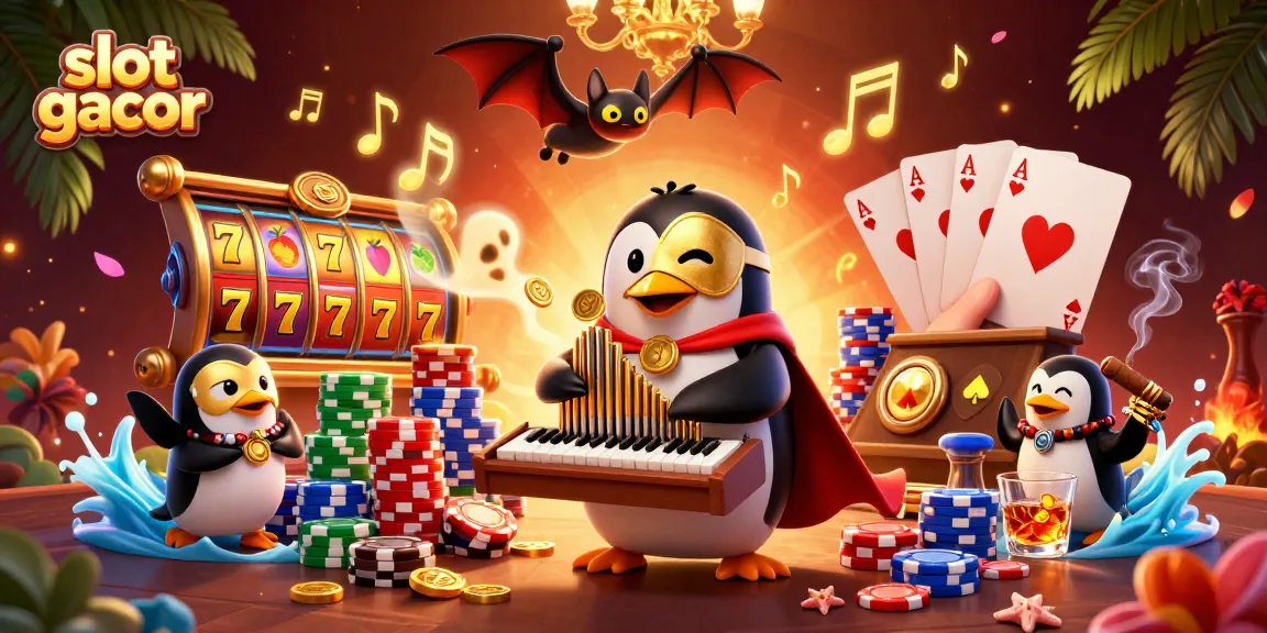 Experience thrilling wins with slot gacor as a cartoon penguin plays a golden coin organ.