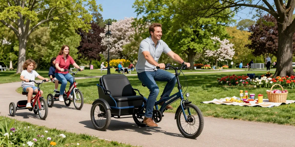 Enjoying the best electric tricycles outdoors with family in a sunny park.