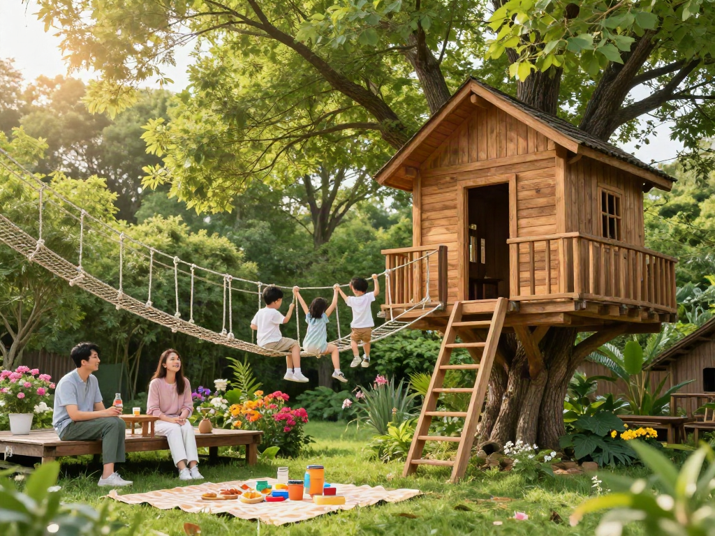 Family enjoying tree house life in a lush garden with vibrant greenery and joyful activities.