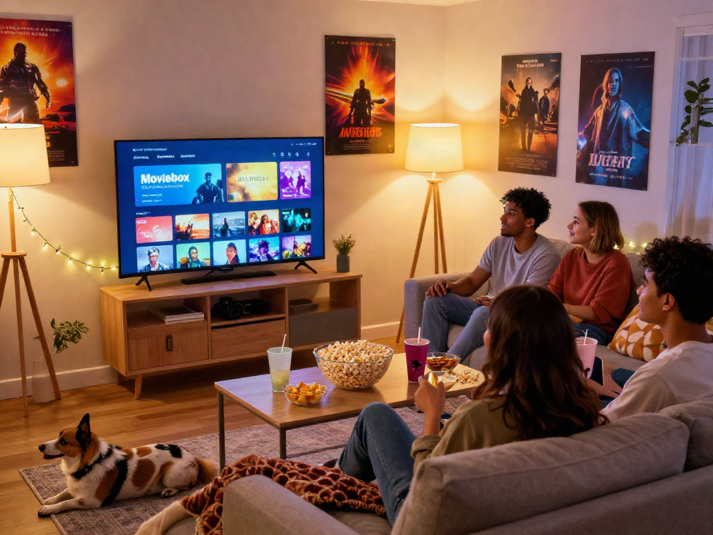 Friends watching movies on Moviebox in a cozy living room.