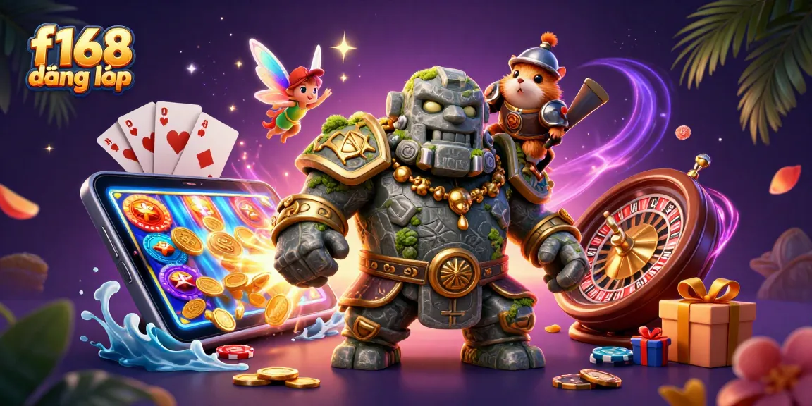 Experience f168 đăng nhập with an enchanting scene of a stone golem and a fairy amidst vibrant casino elements.