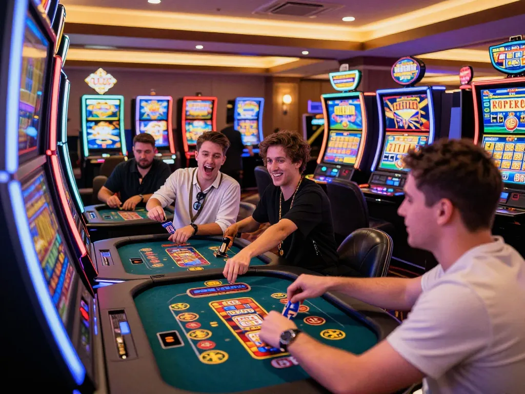 Slot Mahjong excitement as players celebrate wins at vibrant slot machines in a lively casino setting