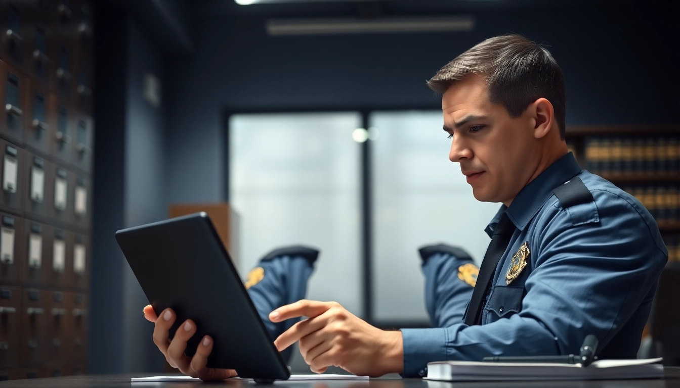 Searching Orange County Inmate search with a focused officer in a modern office.