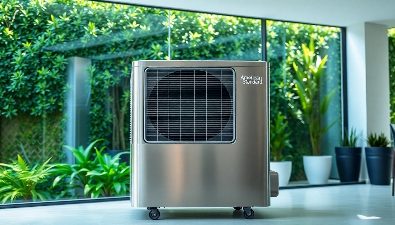 Showcasing an American Standard air conditioner in a modern home setting amidst a vibrant garden.