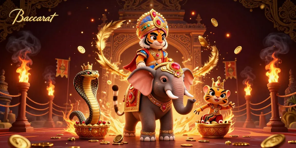 Baccarat game scene featuring a cartoon maharaja riding an elephant amidst a vibrant gambling atmosphere.