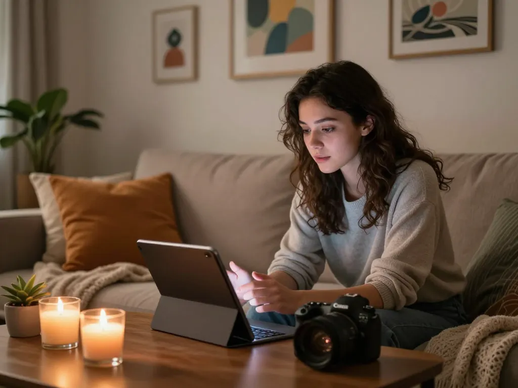 AI girlfriend interaction on a tablet in a cozy home, emphasizing intimate connection.