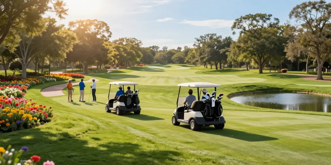A lively 4 seater electric golf cart on a vibrant golf course with players enjoying a sunny day