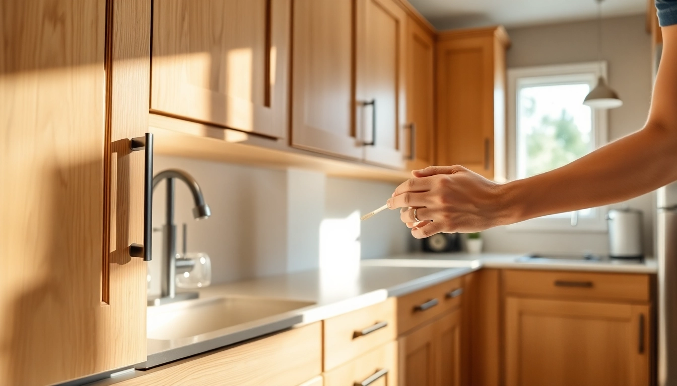 Cabinet Refacing Saint Petersburg FL: skilled artisan refinishing cabinets in modern kitchen.